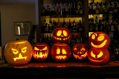 View of illuminated pumpkins in store