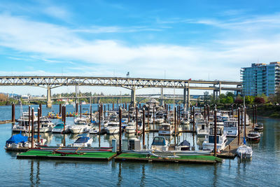 Boats moored at harbor against blue sky