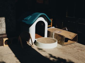 High angle view of empty chairs and table at home