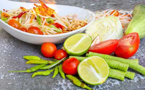 High angle view of fruits in bowl on table