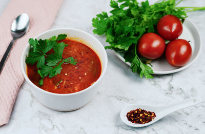 High angle view of food in bowl on table
