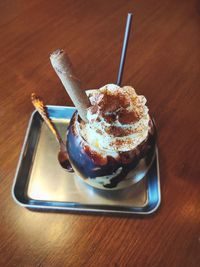 High angle view of ice cream on table