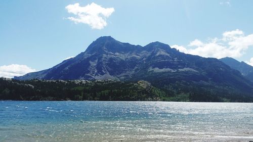 Scenic view of sea and mountains against sky