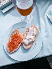 High angle view of breakfast served on table