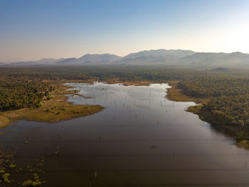 Scenic view of lake against clear sky