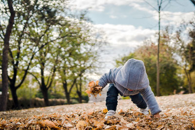Baby boy standing on autumn leaves in park
