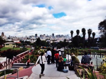 High angle view of people in city