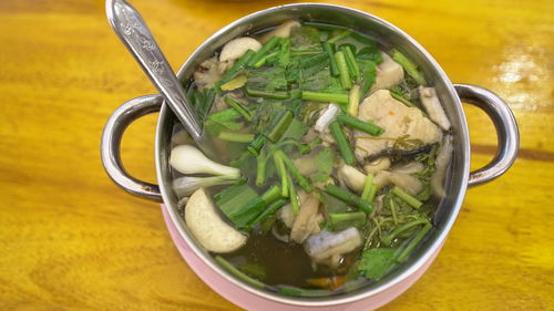 High angle view of soup in bowl on table