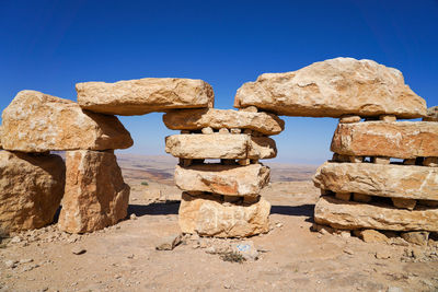 Stack of rocks against clear blue sky