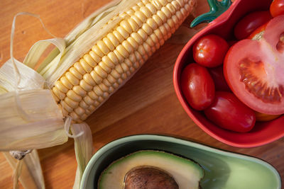 High angle view of fruits in container on table