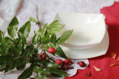 High angle view of strawberries in plate on table
