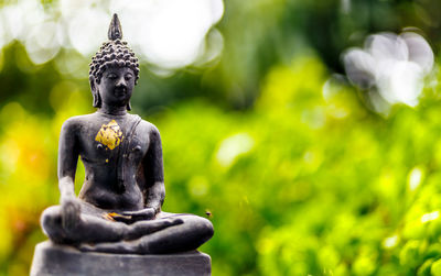 Close-up of buddha statue against plants