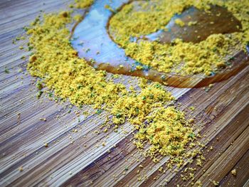 High angle view of multi colored pencils on table