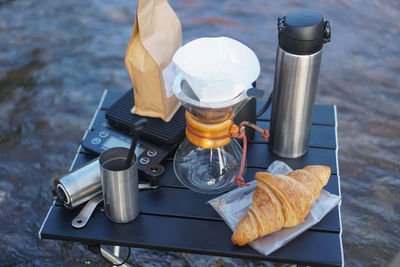 High angle view of coffee cup on table