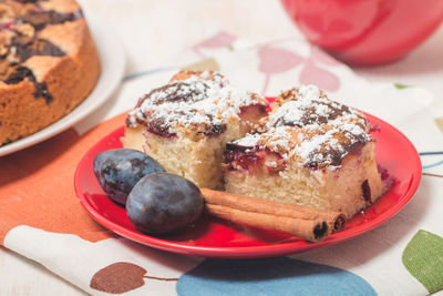 Close-up of dessert served on table