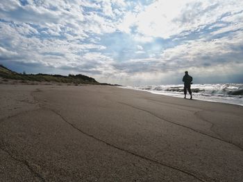 Rear view of man on beach against sky