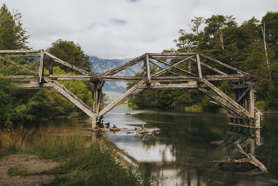 Broken bridge over river in forest