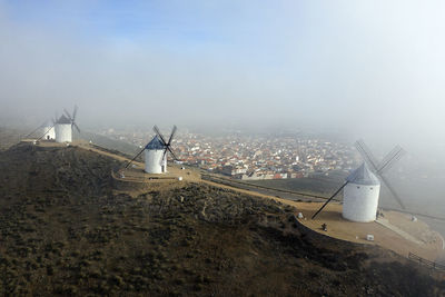 High angle view of city and buildings against sky