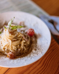 Close-up of served in plate on table