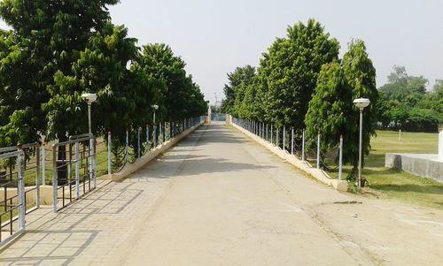 Walkway amidst trees against clear sky