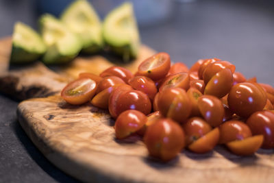 Close-up of tomatoes on cutting board