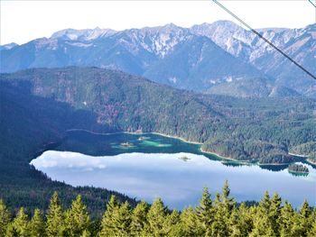 Scenic view of lake and mountains against sky