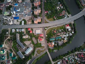 High angle view of street amidst buildings in city