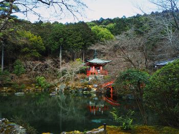 Scenic view of lake by trees and shrine 