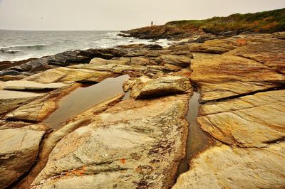 Rocks on beach against sky