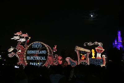 Illuminated ferris wheel at night