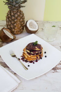 High angle view of breakfast on table