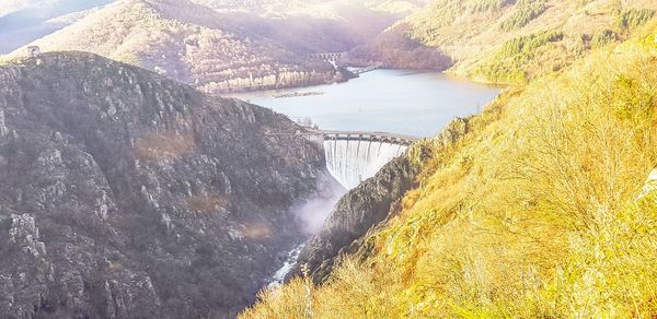 High angle view of dam by river