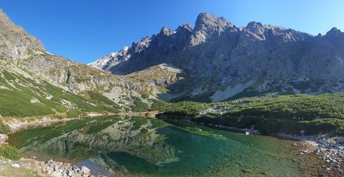 Scenic view of lake and mountains against clear sky