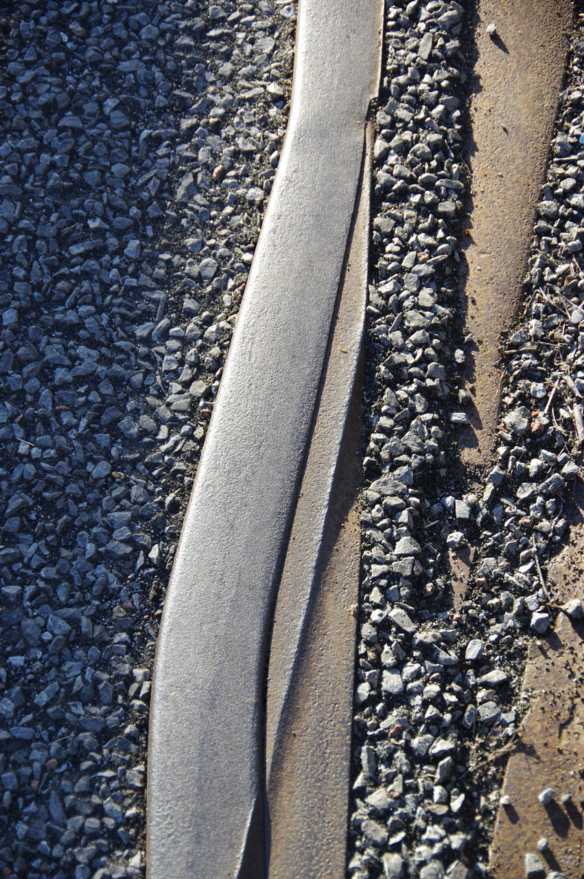 HIGH ANGLE VIEW OF RAILROAD TRACKS AND STREET