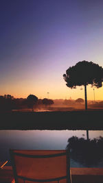 Silhouette trees by swimming pool against sky during sunset