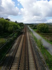 Railroad tracks amidst trees against sky