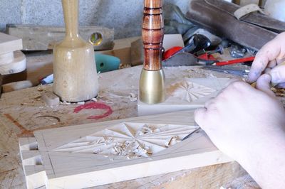 High angle view of person working on table