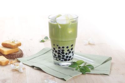 High angle view of drink in glass on table