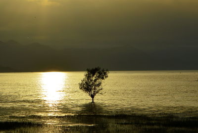 Scenic view of lake against sky at sunset