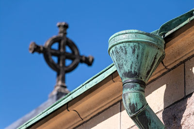 Low angle view of old building against clear blue sky