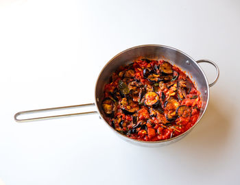 High angle view of food on table against white background