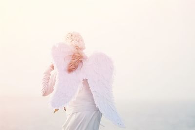 Rear view of girl in angel costume against sky