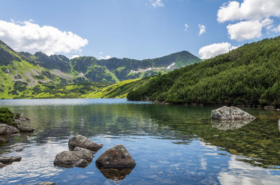 Scenic view of lake and mountains against sky