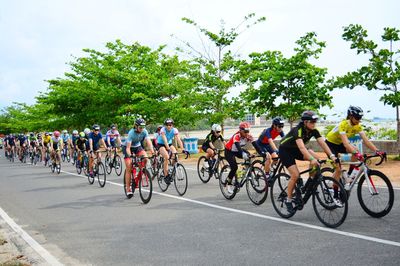 People cycling on road