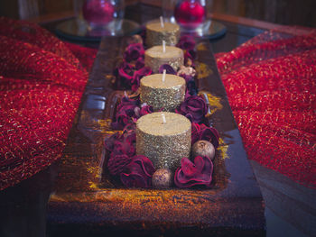 High angle view of christmas decorations on table