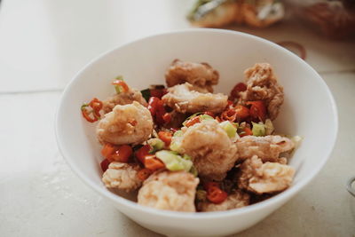 High angle view of meal served on table