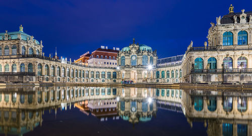 Zwinger museum reflecting on lake against blue sky