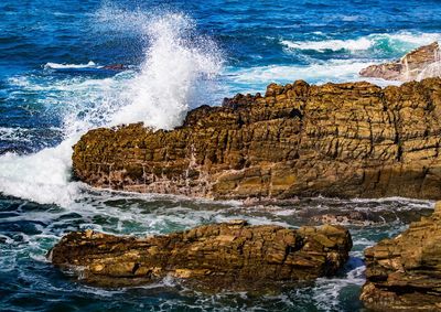 Waves splashing on rocks at shore