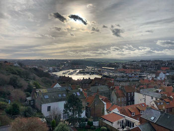High angle view of townscape against sky