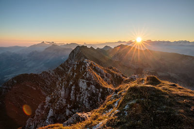 Scenic view of mountains during sunset